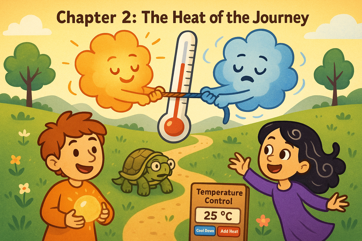 Sunny and Shady in a tug-of-war with a thermometer rope
